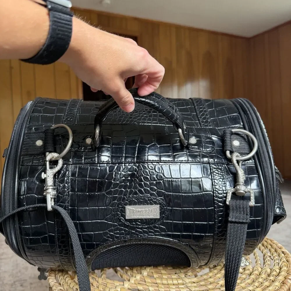 Chrome Bones Pet Carrier In Black Alligator Leather Travel Bag Small Dogs